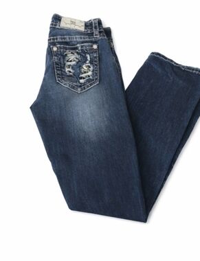 Miss Me Easy Boot Jeans Size 32 Mid Rise Distressed Embellished Pockets